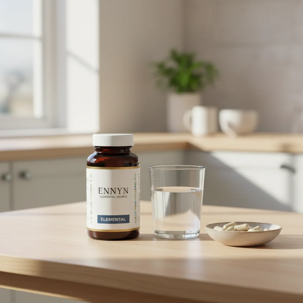 Ennyn Elemental Source flaska bredvid ett glas vatten på ett ljust bord